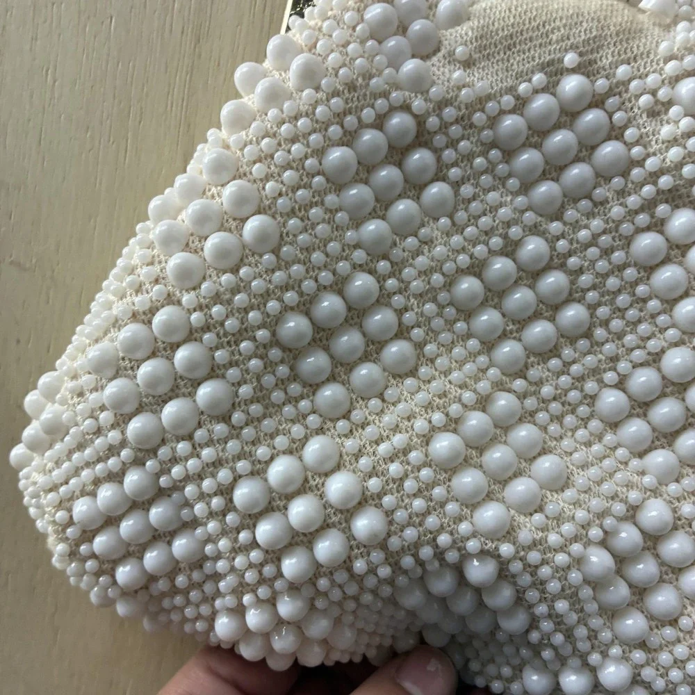 Vintage Clutch Bag Small White Beaded Kiss Lock Chain Strap Bridal Evening Purse